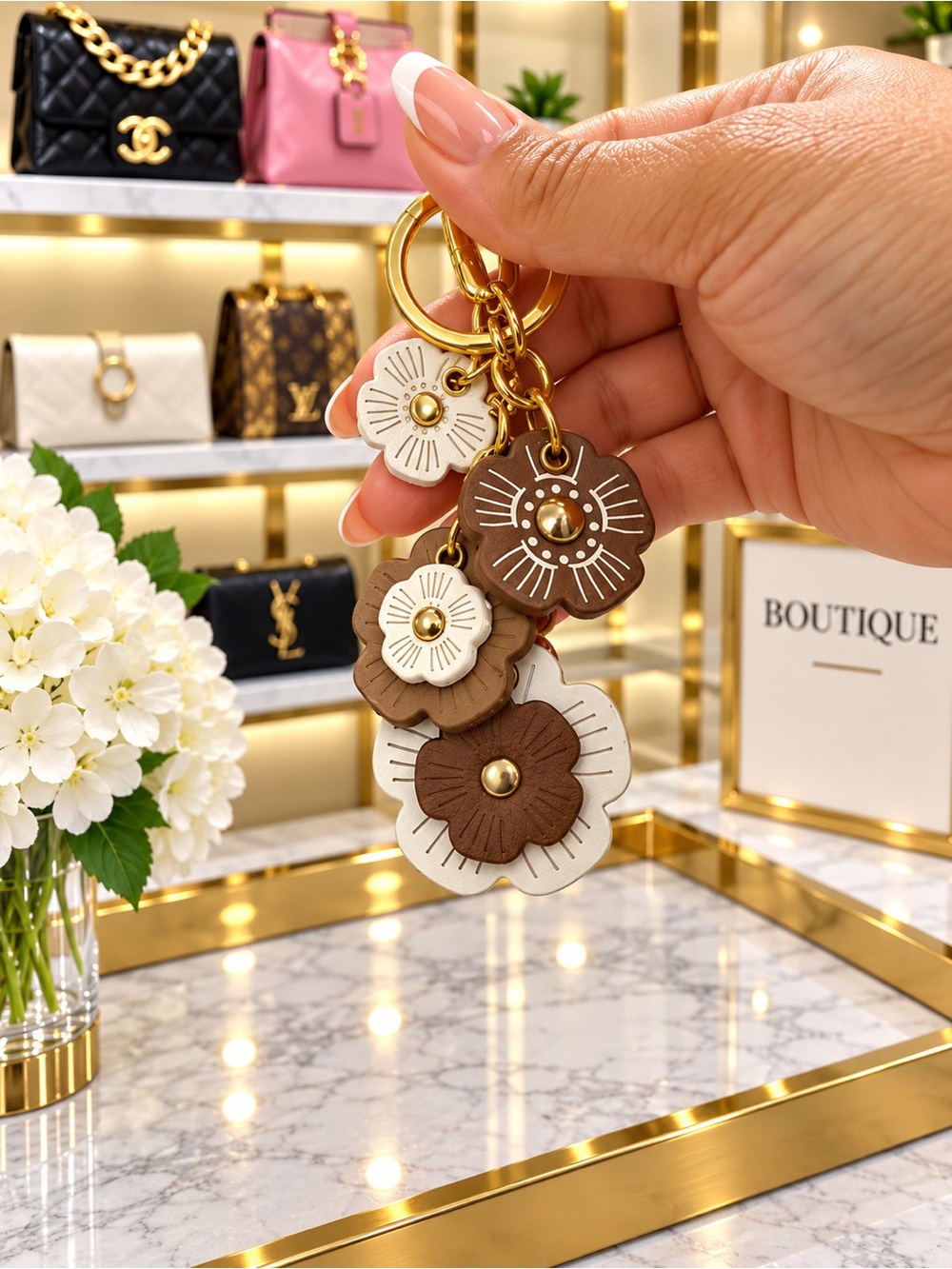 Floral Leather Keychain Charm - Brown & White